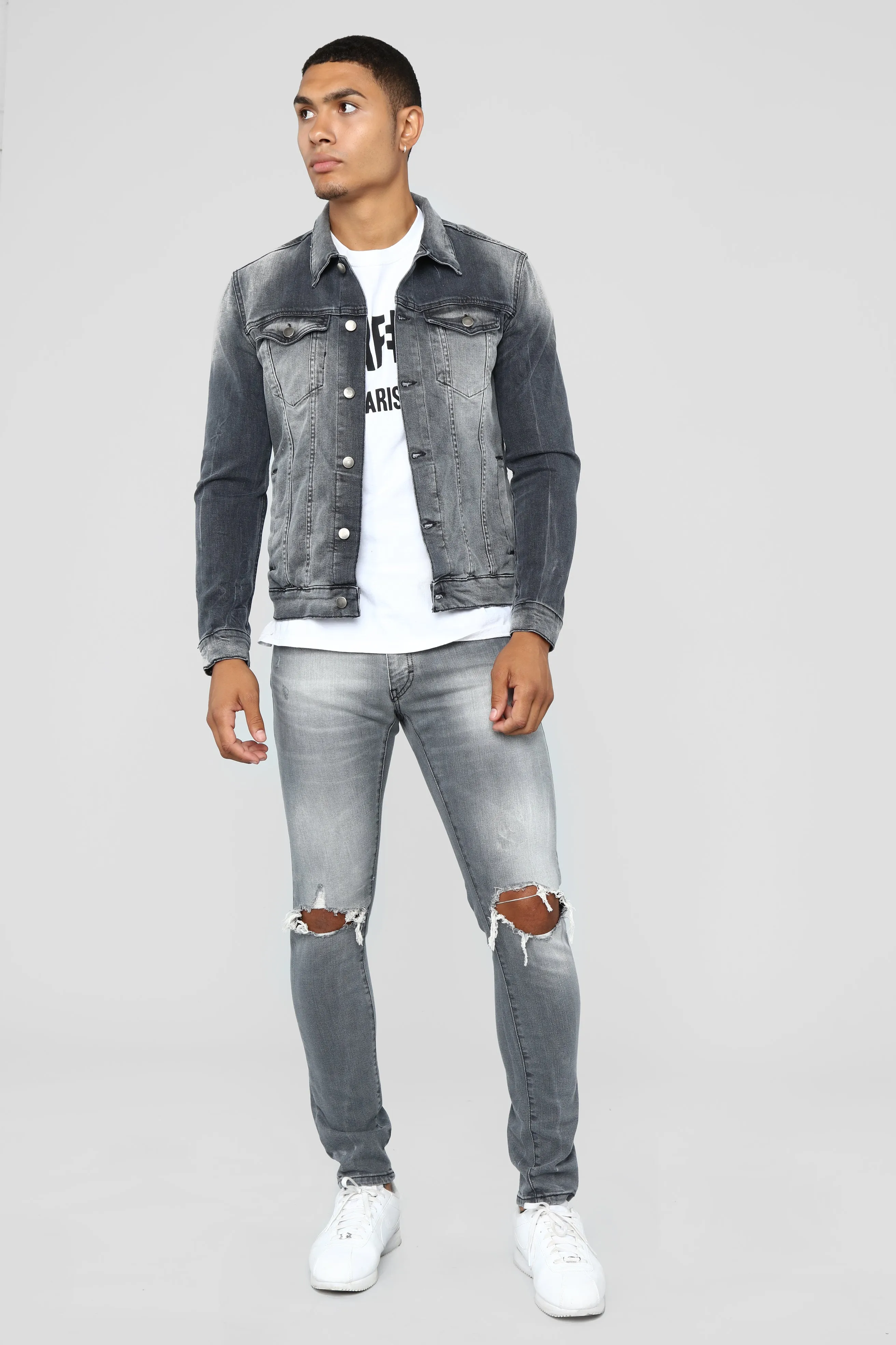Asphalt Blown Out Knee Skinny Jeans - Grey