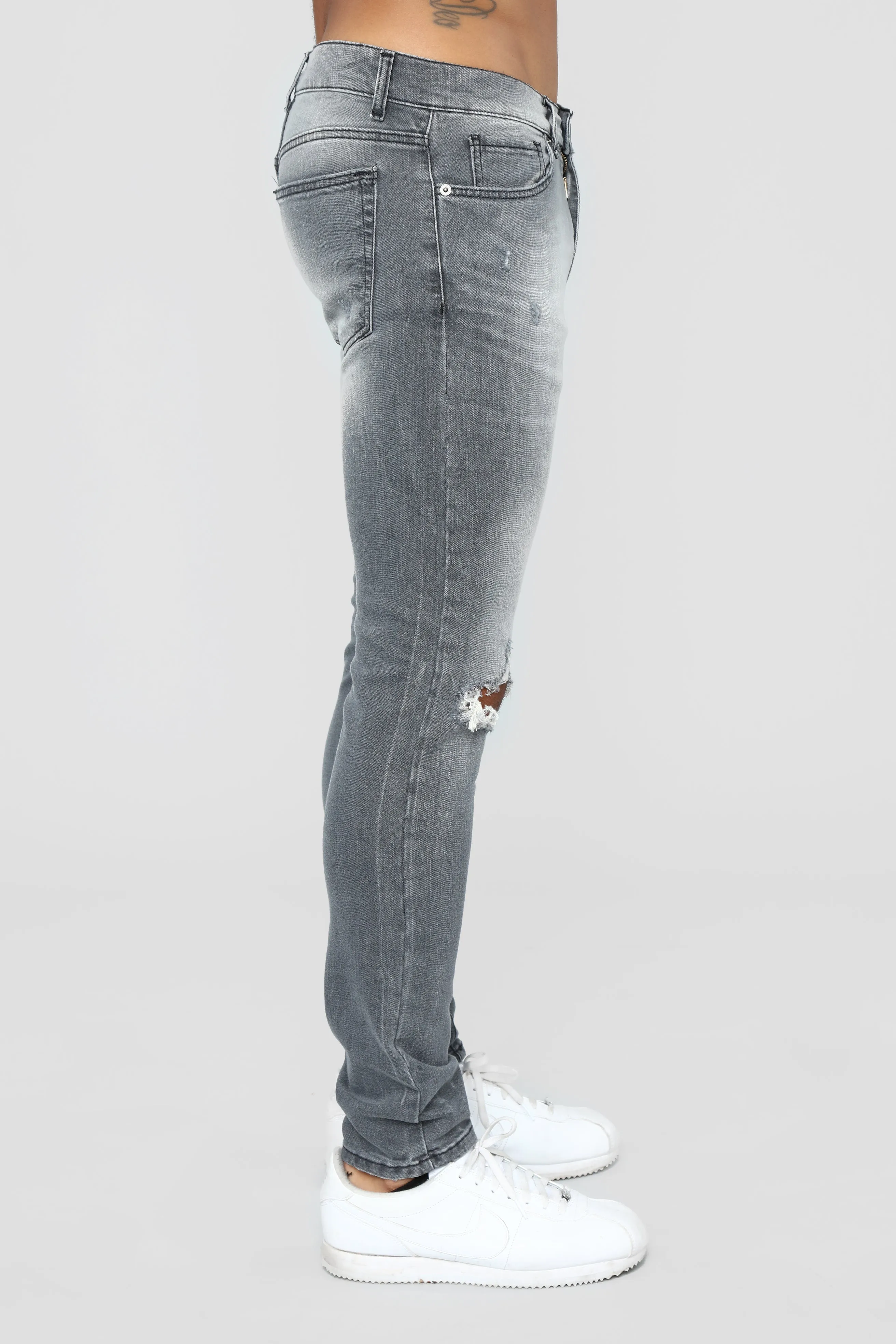 Asphalt Blown Out Knee Skinny Jeans - Grey