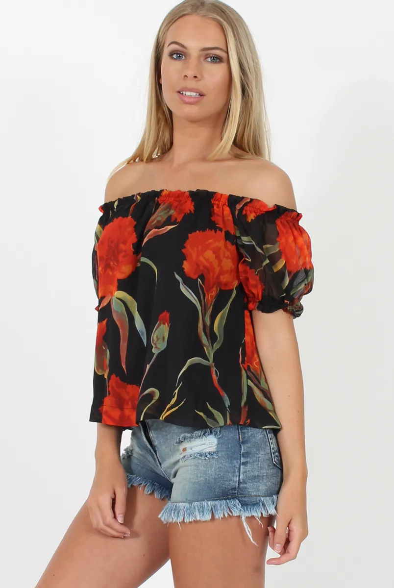 Black and Red Floral Semi Sheer Off Shoulder Top - Pandora