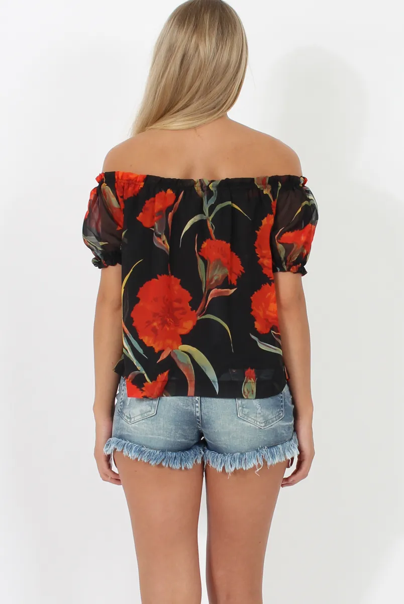 Black and Red Floral Semi Sheer Off Shoulder Top - Pandora