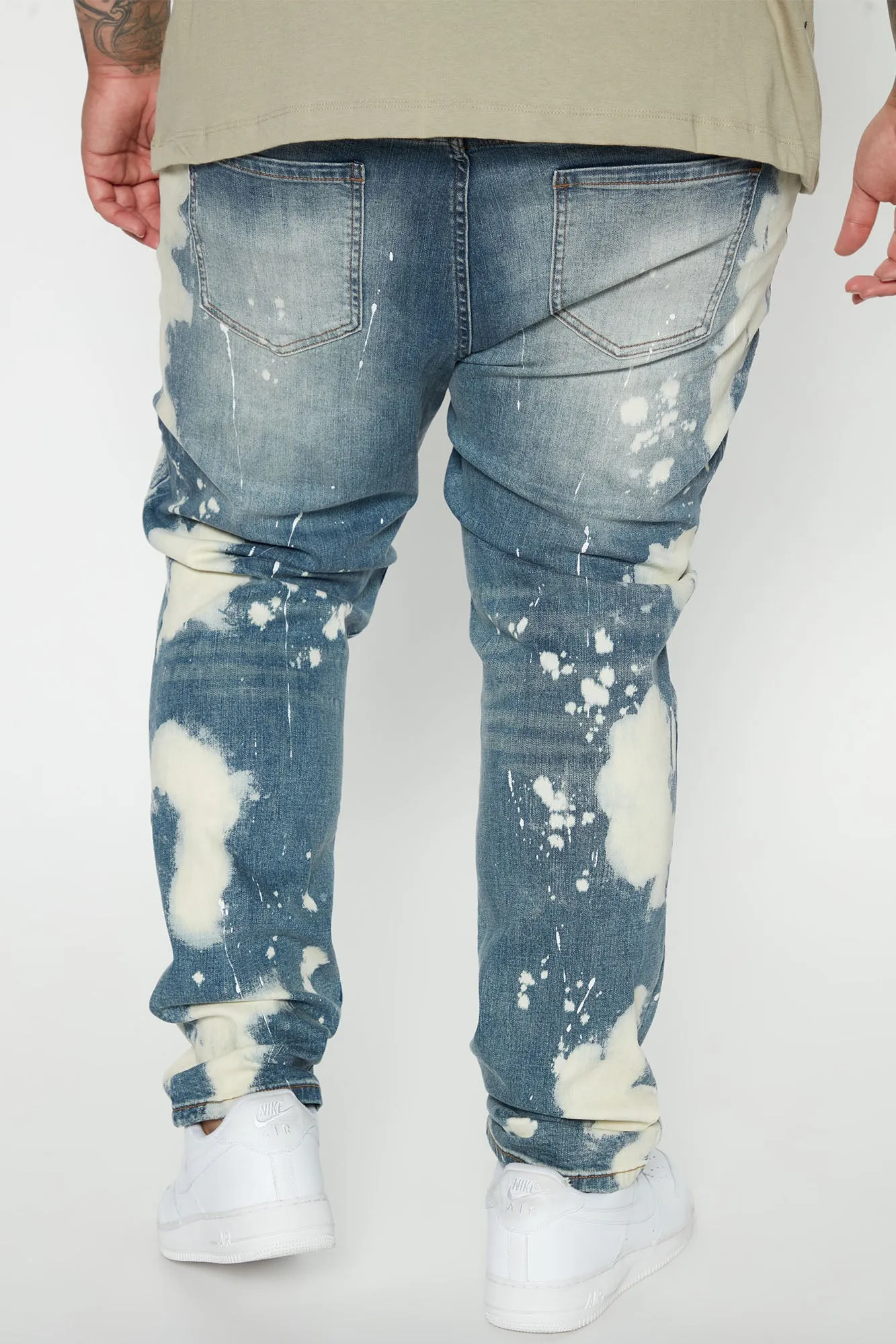 Bleached With Paint Splatter Ripped Slim Jeans - Light Wash