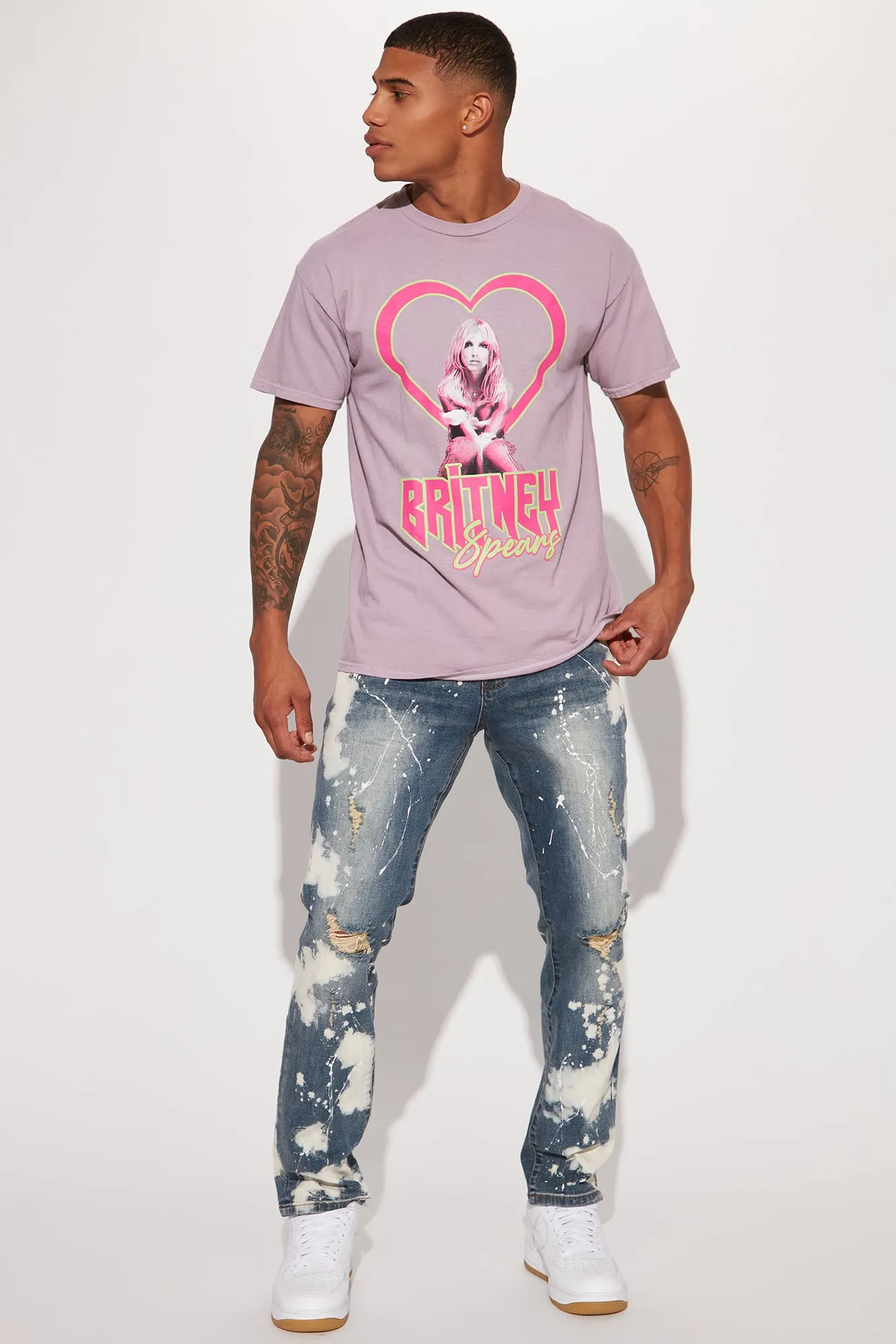 Bleached With Paint Splatter Ripped Slim Jeans - Light Wash