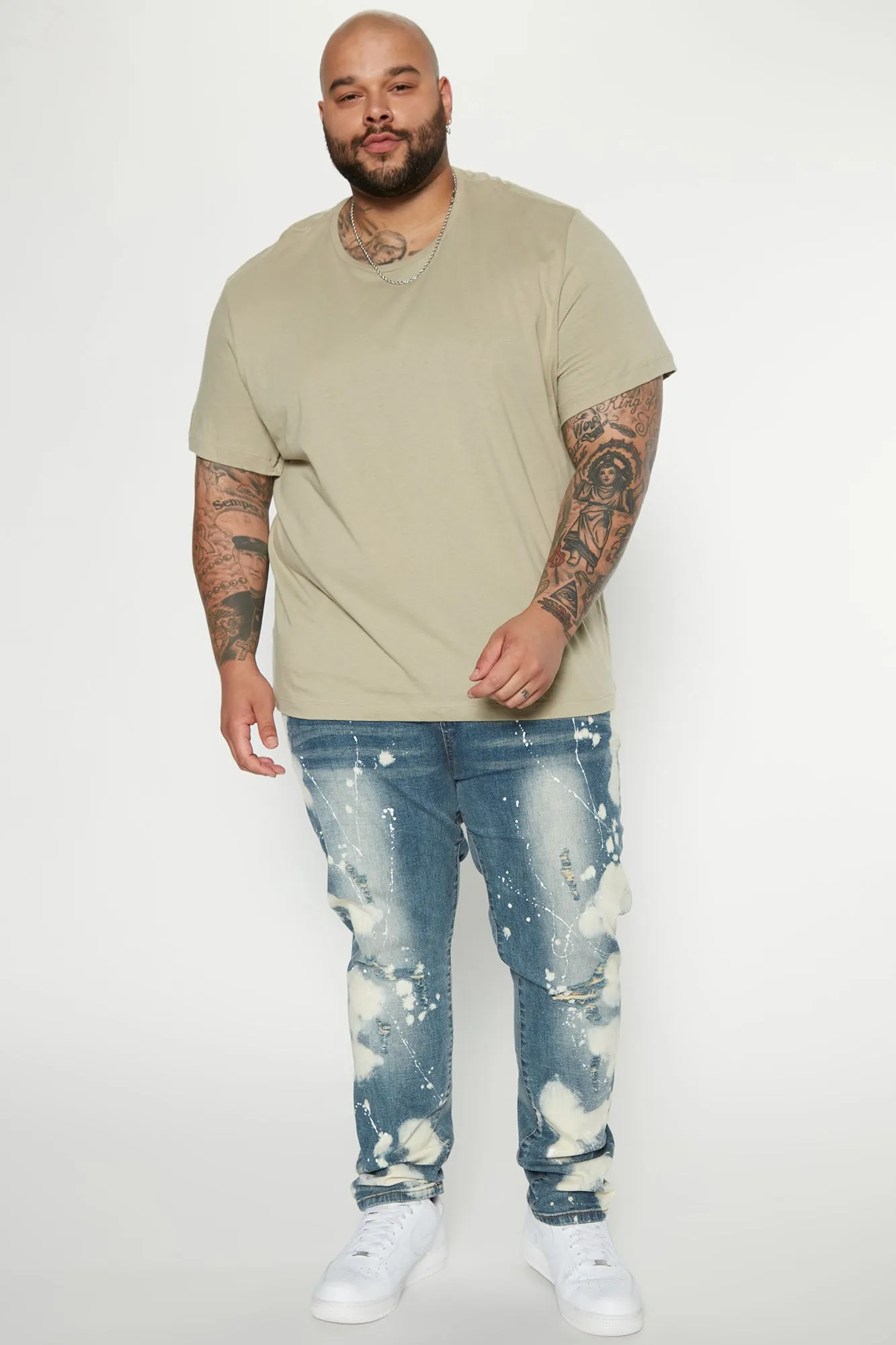 Bleached With Paint Splatter Ripped Slim Jeans - Light Wash