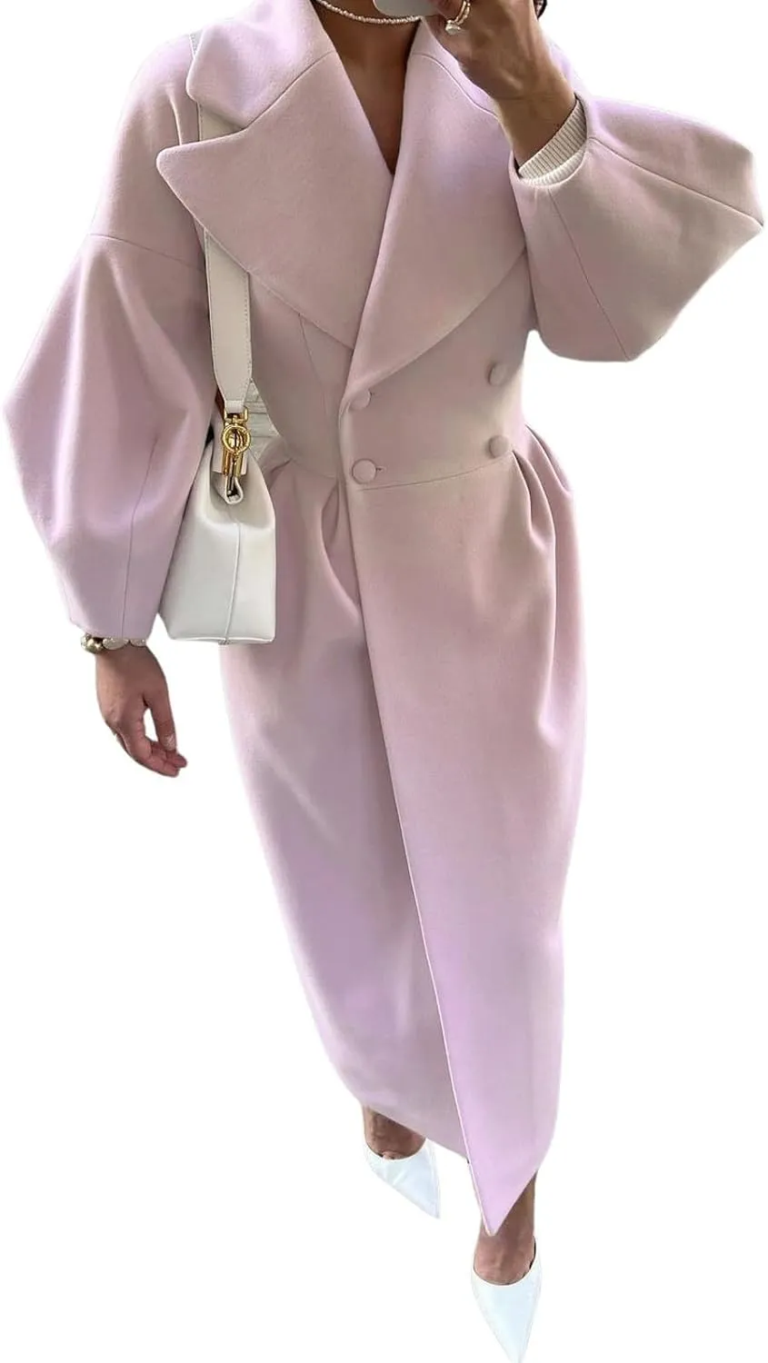 CHARTOU Women's Elegant Lapel Collar Princess-Core Double-Breasted Wool Blend Trench Overcoat