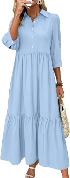 chouyatou Women's Casual Button Up Polo Collar Shirt Dress 3/4 Sleeve Ruffle Tiered Maxi Long Dress