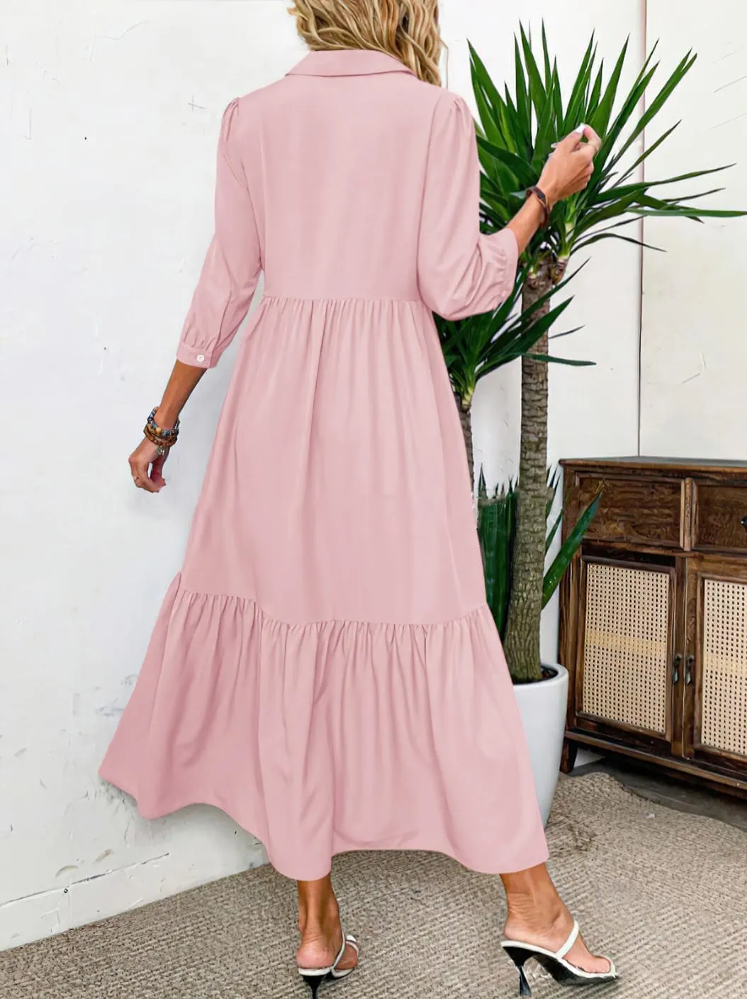 chouyatou Women's Casual Button Up Polo Collar Shirt Dress 3/4 Sleeve Ruffle Tiered Maxi Long Dress