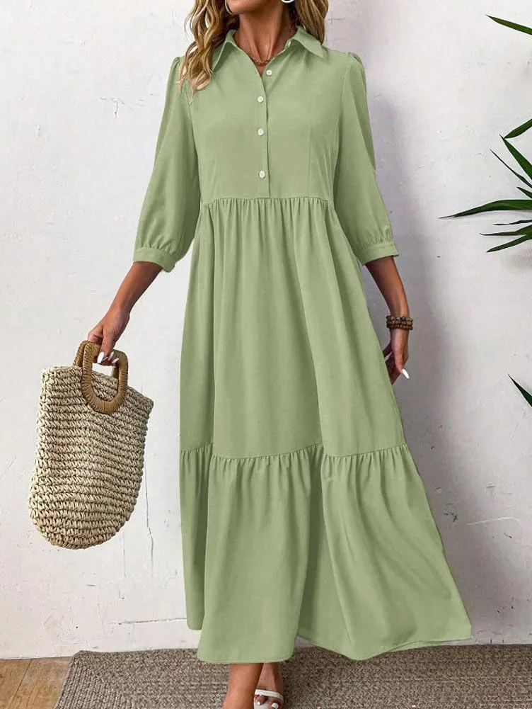 chouyatou Women's Casual Button Up Polo Collar Shirt Dress 3/4 Sleeve Ruffle Tiered Maxi Long Dress