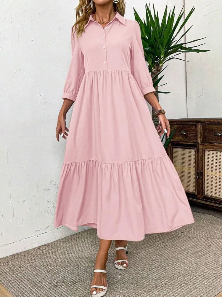 chouyatou Women's Casual Button Up Polo Collar Shirt Dress 3/4 Sleeve Ruffle Tiered Maxi Long Dress