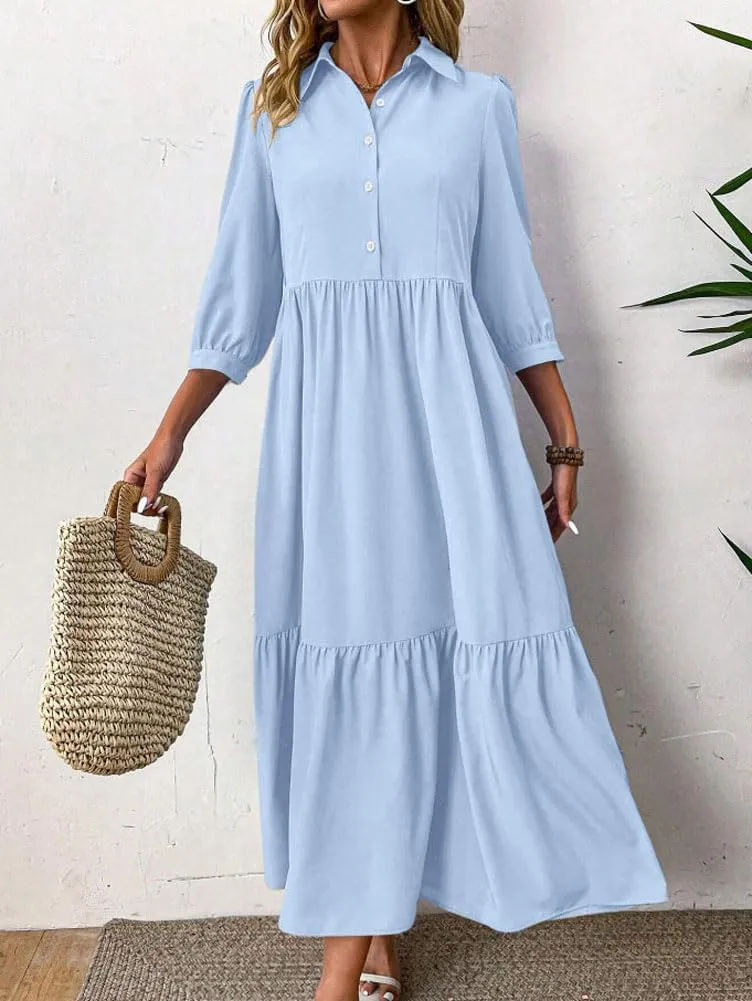 chouyatou Women's Casual Button Up Polo Collar Shirt Dress 3/4 Sleeve Ruffle Tiered Maxi Long Dress