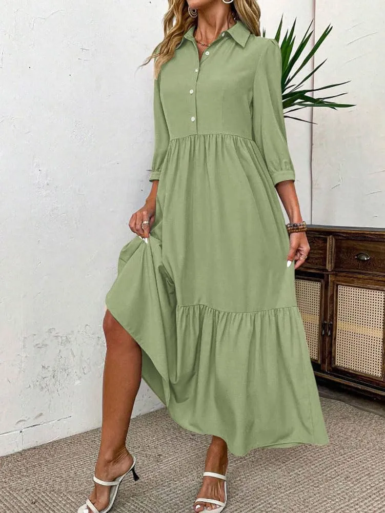 chouyatou Women's Casual Button Up Polo Collar Shirt Dress 3/4 Sleeve Ruffle Tiered Maxi Long Dress