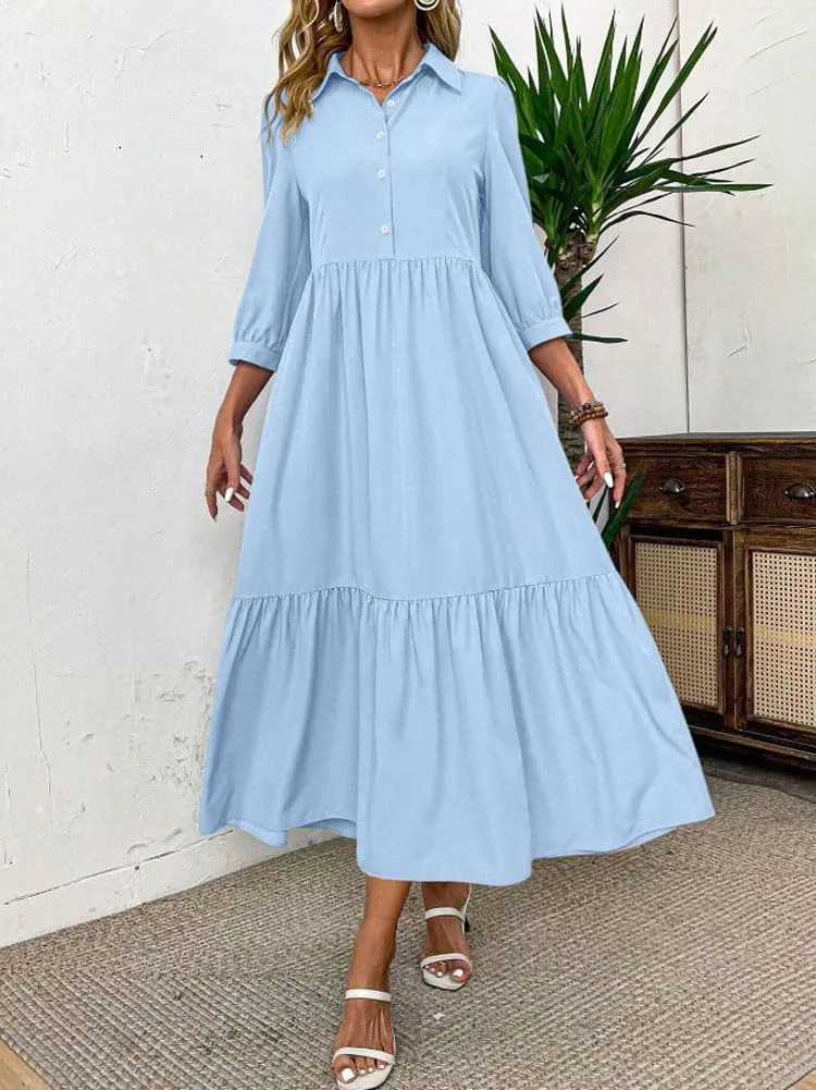 chouyatou Women's Casual Button Up Polo Collar Shirt Dress 3/4 Sleeve Ruffle Tiered Maxi Long Dress