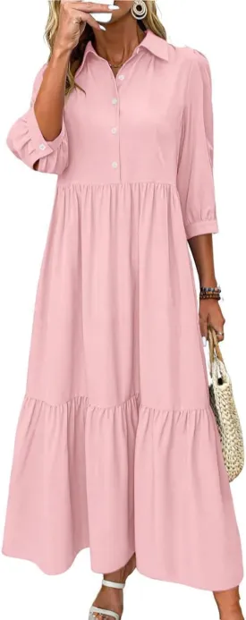 chouyatou Women's Casual Button Up Polo Collar Shirt Dress 3/4 Sleeve Ruffle Tiered Maxi Long Dress