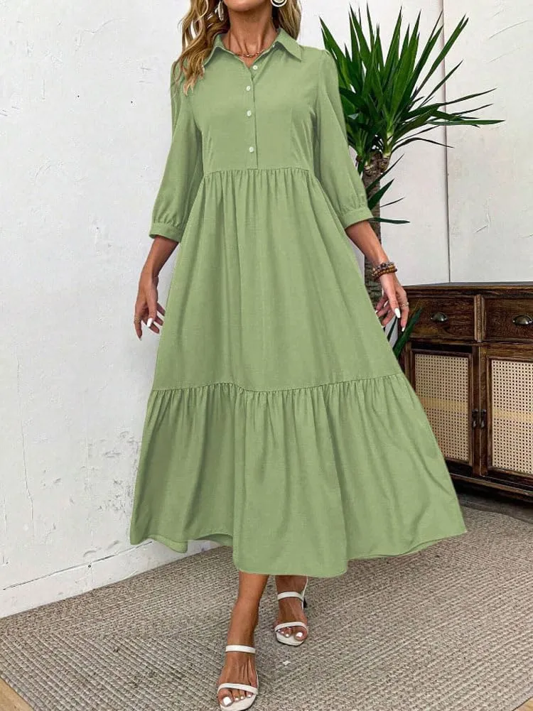 chouyatou Women's Casual Button Up Polo Collar Shirt Dress 3/4 Sleeve Ruffle Tiered Maxi Long Dress
