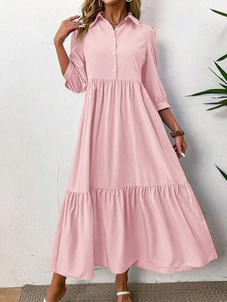 chouyatou Women's Casual Button Up Polo Collar Shirt Dress 3/4 Sleeve Ruffle Tiered Maxi Long Dress