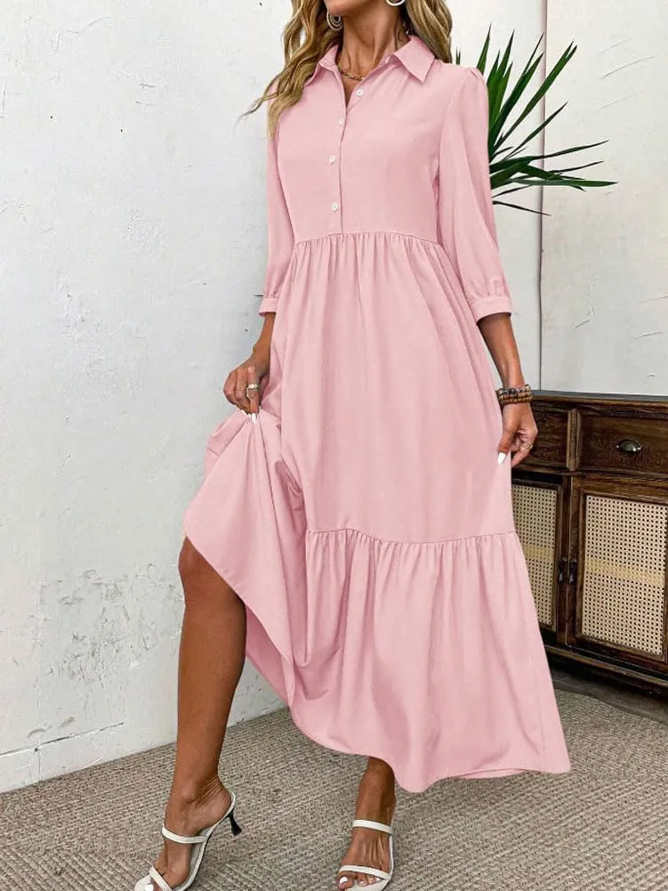 chouyatou Women's Casual Button Up Polo Collar Shirt Dress 3/4 Sleeve Ruffle Tiered Maxi Long Dress