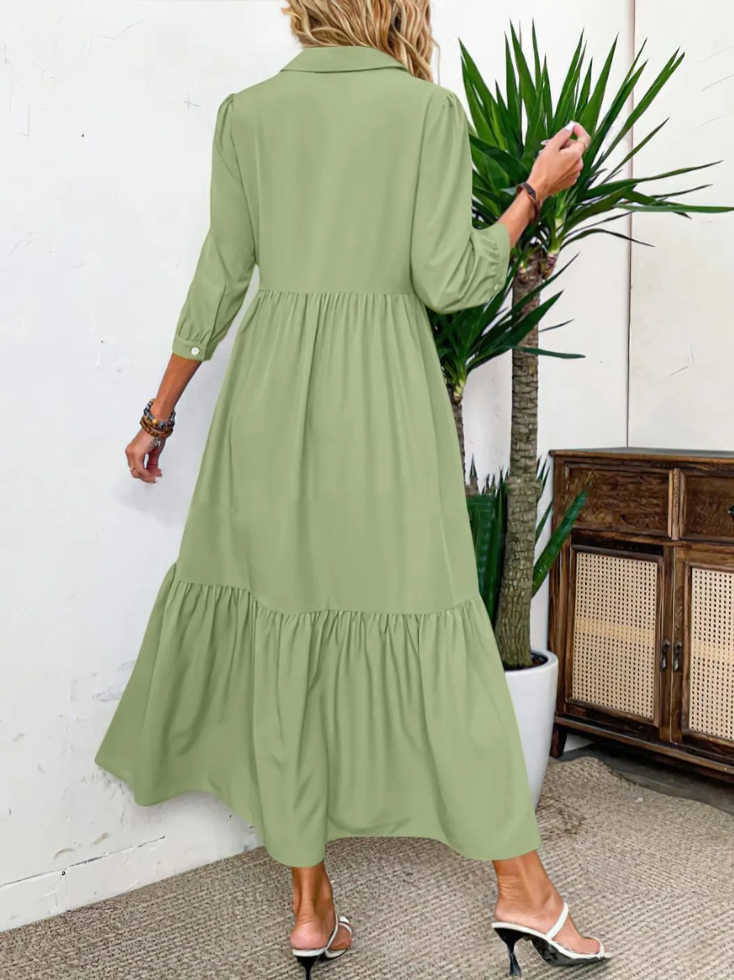 chouyatou Women's Casual Button Up Polo Collar Shirt Dress 3/4 Sleeve Ruffle Tiered Maxi Long Dress