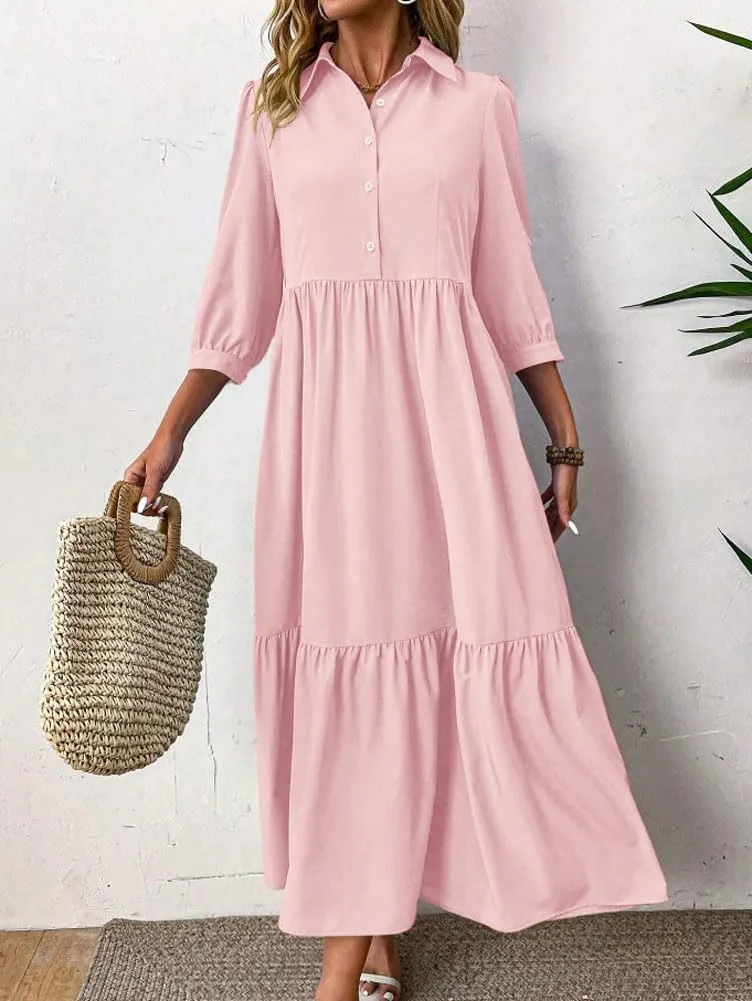 chouyatou Women's Casual Button Up Polo Collar Shirt Dress 3/4 Sleeve Ruffle Tiered Maxi Long Dress