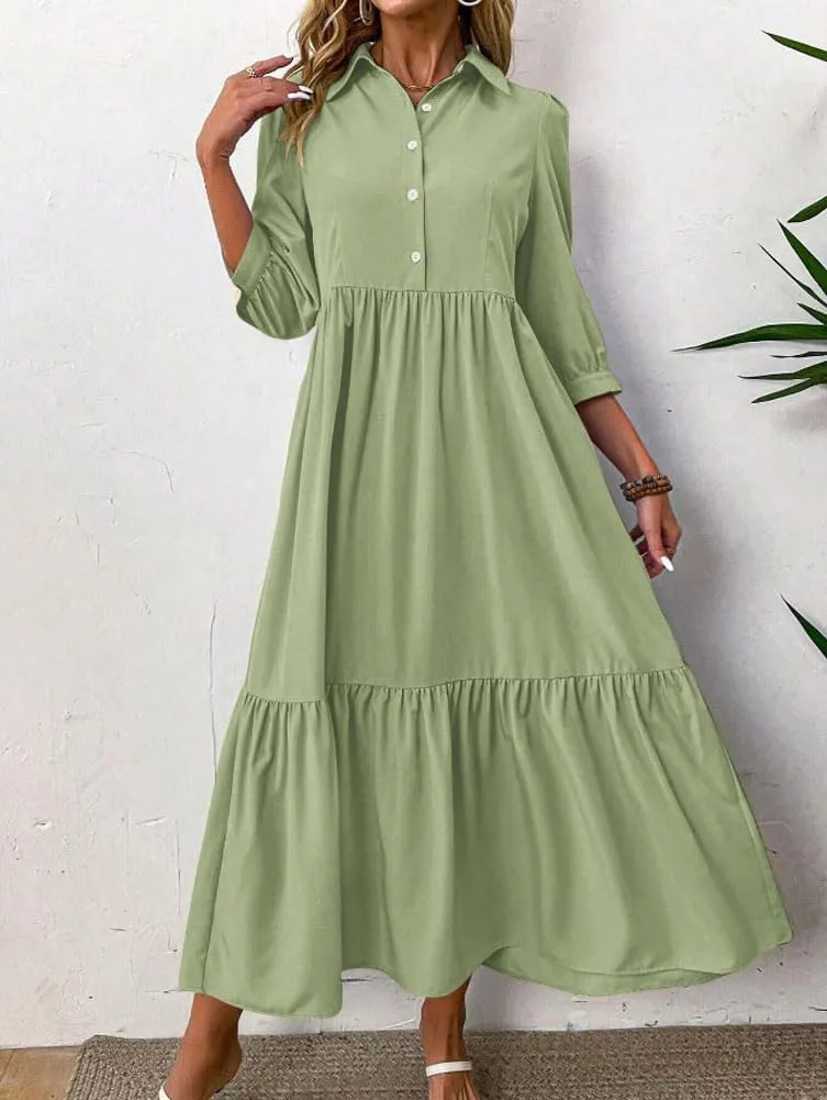 chouyatou Women's Casual Button Up Polo Collar Shirt Dress 3/4 Sleeve Ruffle Tiered Maxi Long Dress