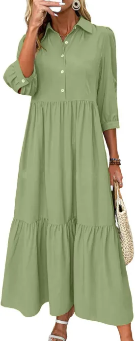 chouyatou Women's Casual Button Up Polo Collar Shirt Dress 3/4 Sleeve Ruffle Tiered Maxi Long Dress