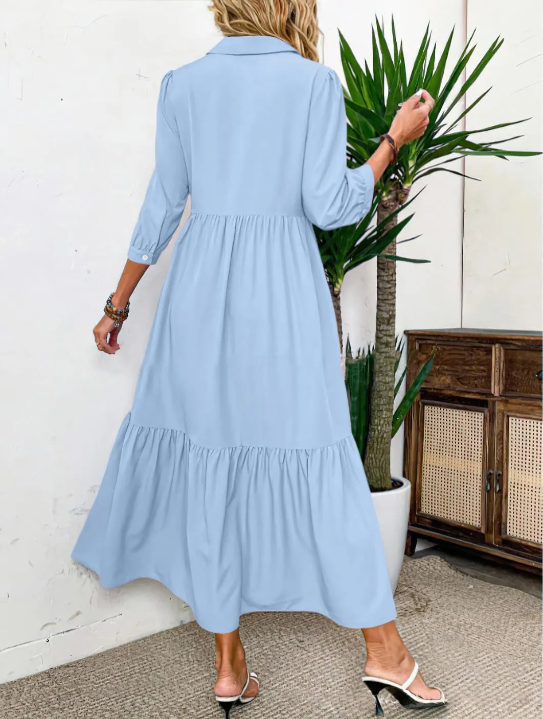 chouyatou Women's Casual Button Up Polo Collar Shirt Dress 3/4 Sleeve Ruffle Tiered Maxi Long Dress