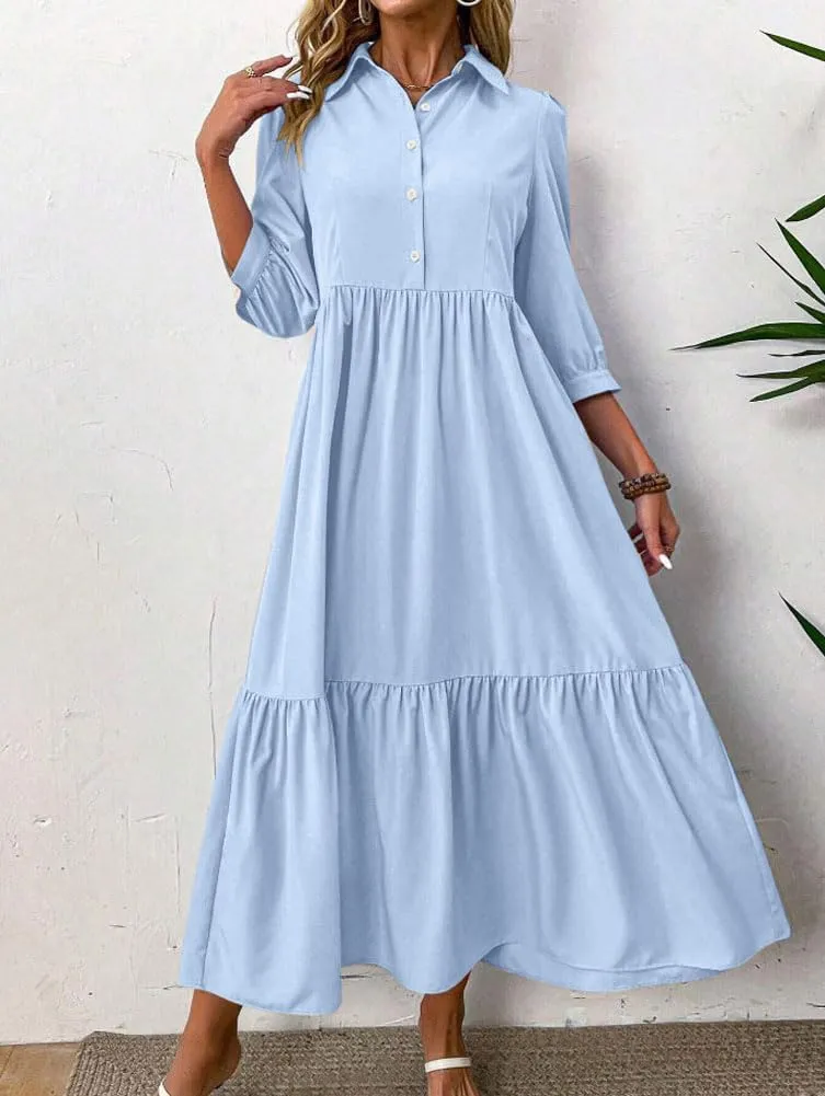 chouyatou Women's Casual Button Up Polo Collar Shirt Dress 3/4 Sleeve Ruffle Tiered Maxi Long Dress