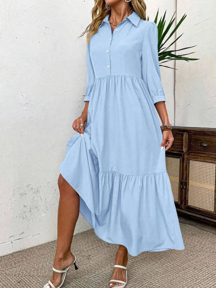 chouyatou Women's Casual Button Up Polo Collar Shirt Dress 3/4 Sleeve Ruffle Tiered Maxi Long Dress