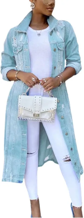 chouyatou Women's Distressed Hole Over Knee Midi Long Denim Jacket Trench Coat