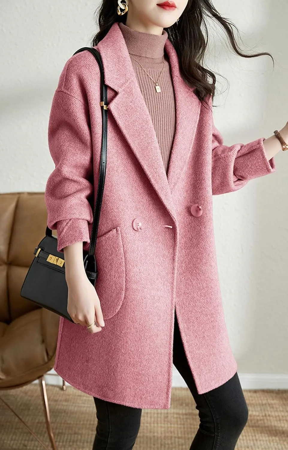 chouyatou Women's Notch Lapel Herringbone Wool Coat Formal Office Work Double Breasted Winter Pea Coat