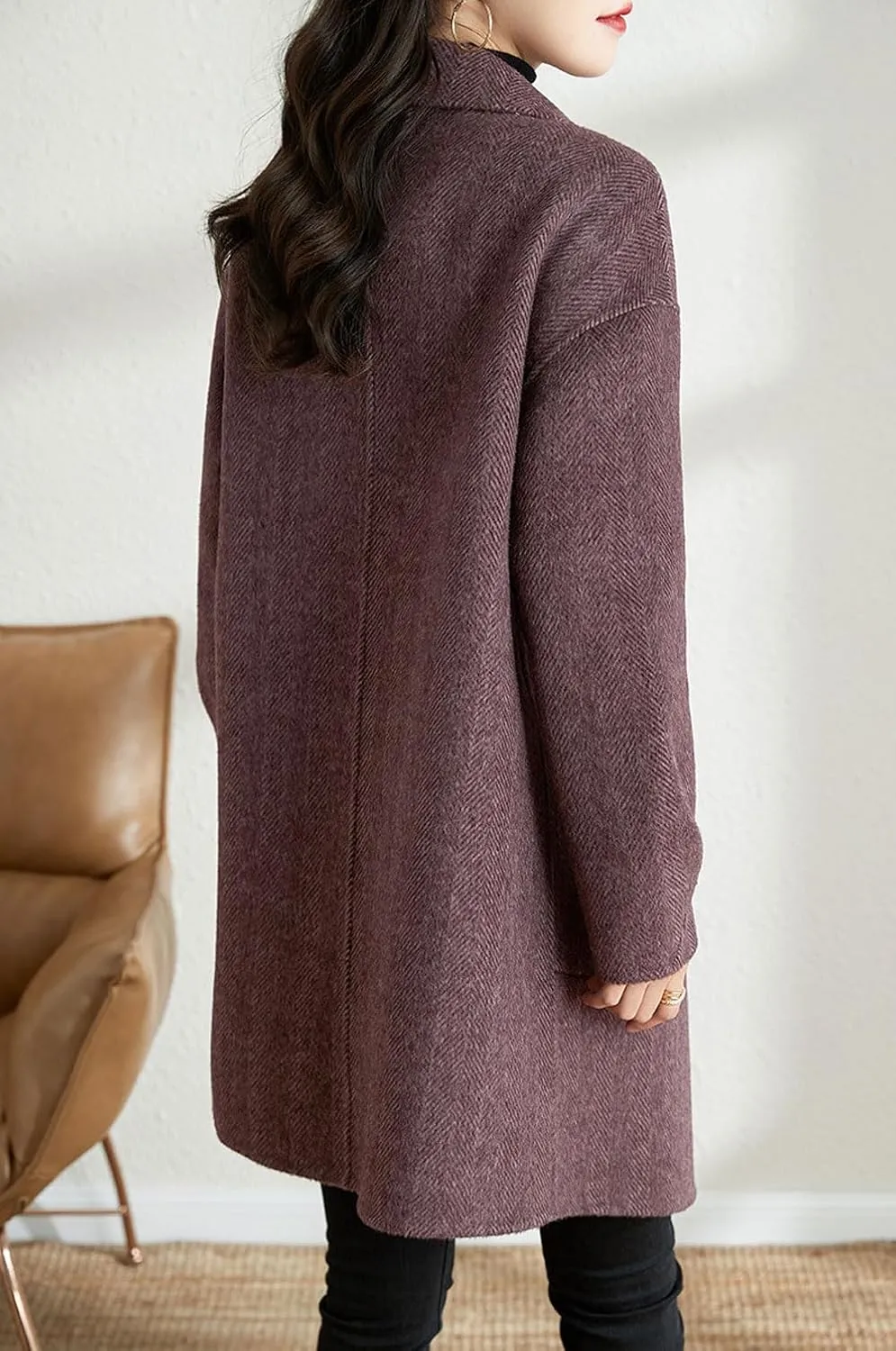 chouyatou Women's Notch Lapel Herringbone Wool Coat Formal Office Work Double Breasted Winter Pea Coat