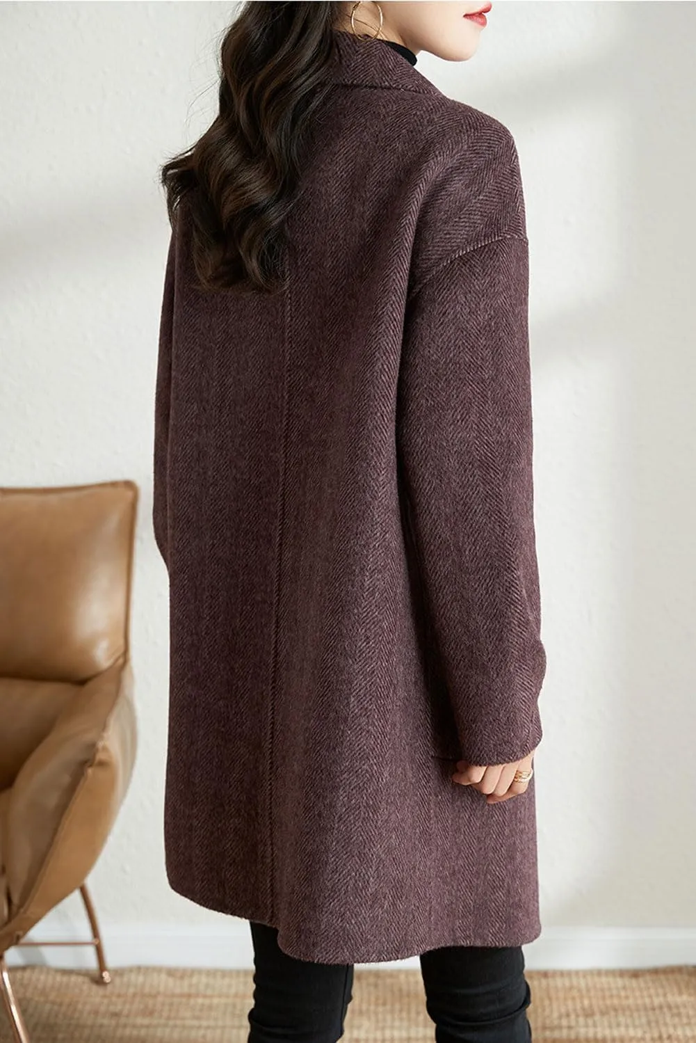 chouyatou Women's Notch Lapel Herringbone Wool Coat Formal Office Work Double Breasted Winter Pea Coat