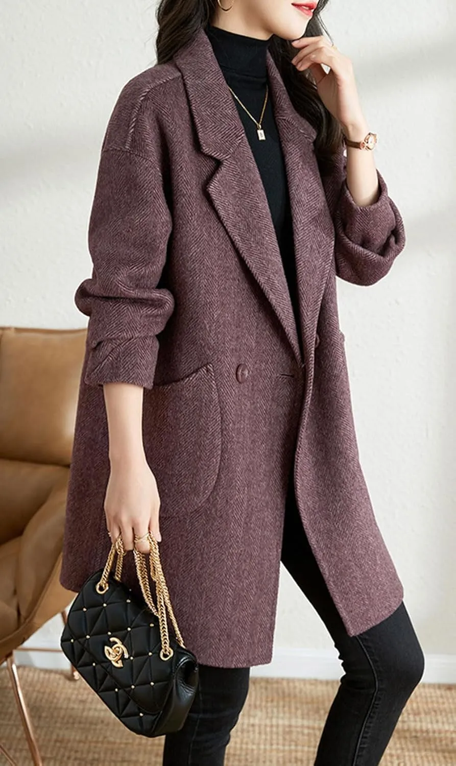 chouyatou Women's Notch Lapel Herringbone Wool Coat Formal Office Work Double Breasted Winter Pea Coat
