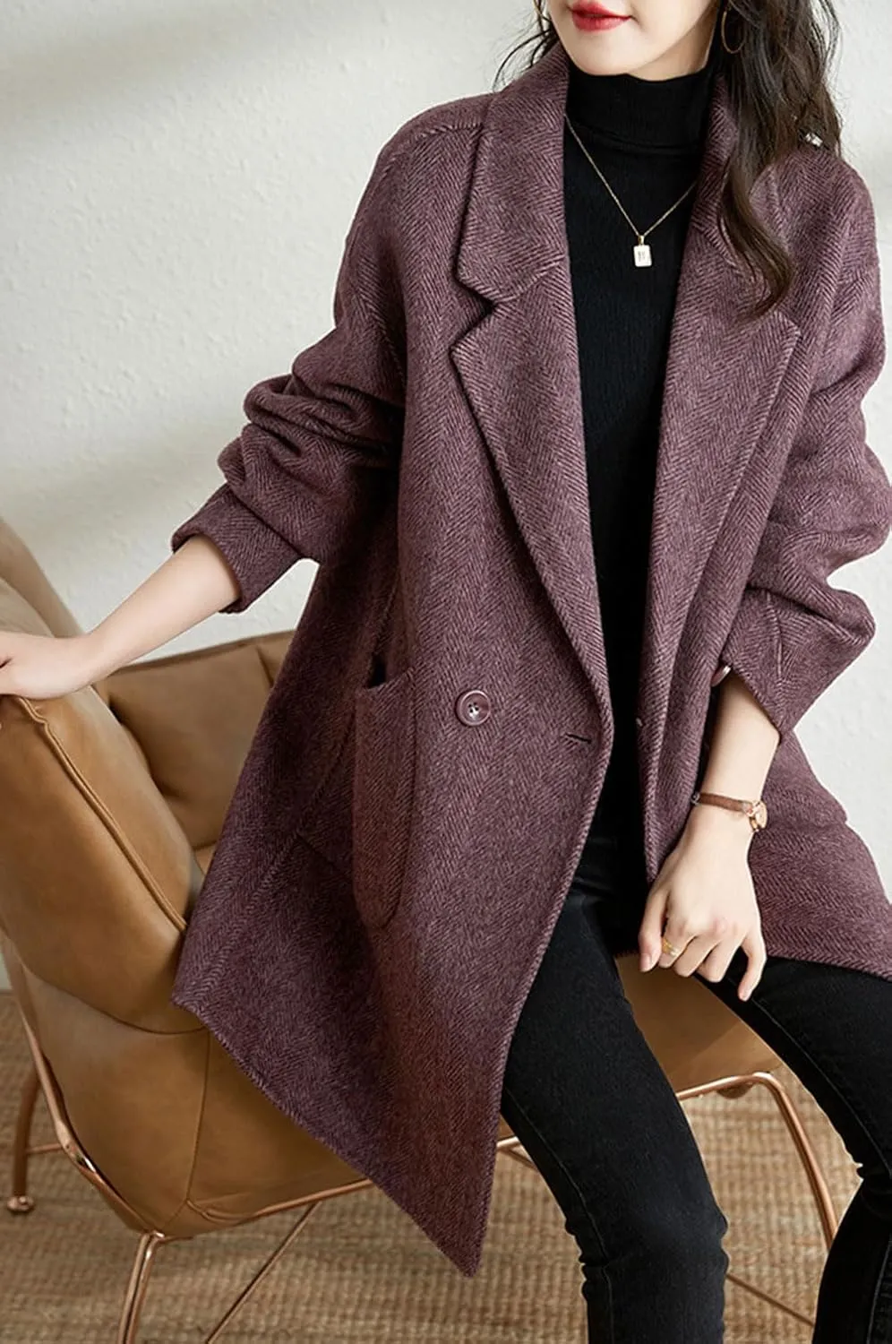 chouyatou Women's Notch Lapel Herringbone Wool Coat Formal Office Work Double Breasted Winter Pea Coat