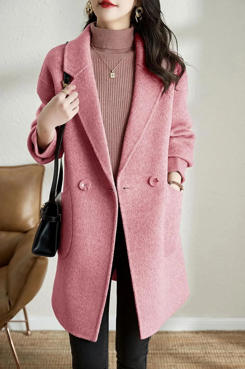 chouyatou Women's Notch Lapel Herringbone Wool Coat Formal Office Work Double Breasted Winter Pea Coat