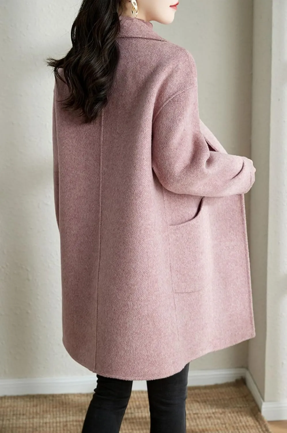 chouyatou Women's Notch Lapel Herringbone Wool Coat Formal Office Work Double Breasted Winter Pea Coat