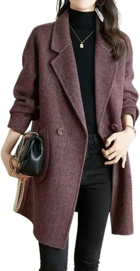 chouyatou Women's Notch Lapel Herringbone Wool Coat Formal Office Work Double Breasted Winter Pea Coat