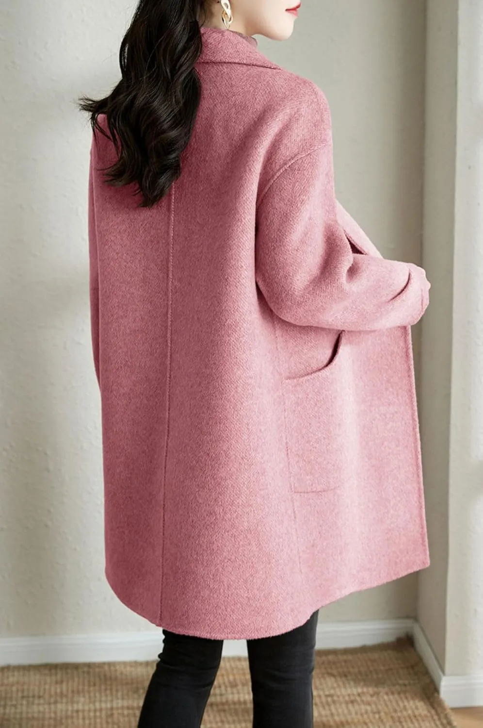 chouyatou Women's Notch Lapel Herringbone Wool Coat Formal Office Work Double Breasted Winter Pea Coat