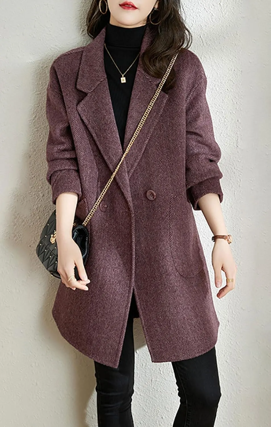 chouyatou Women's Notch Lapel Herringbone Wool Coat Formal Office Work Double Breasted Winter Pea Coat