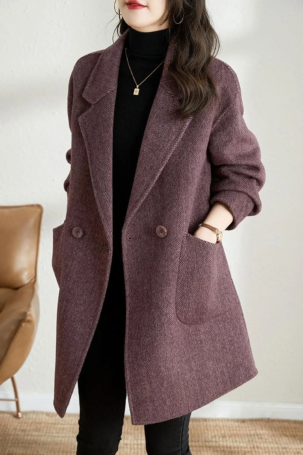 chouyatou Women's Notch Lapel Herringbone Wool Coat Formal Office Work Double Breasted Winter Pea Coat