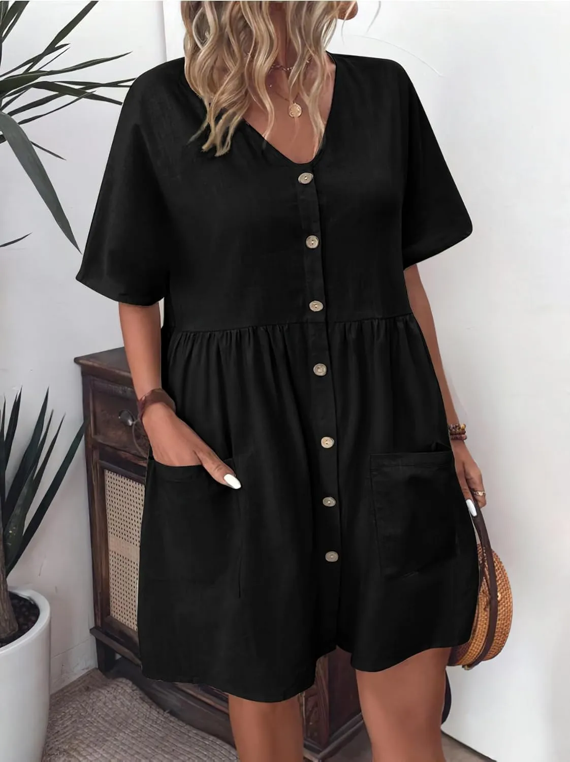 chouyatou Women's Summer Short Sleeve Button Down Cotton Dress Loose Beach Babydoll Tunic Mini Dress with Pockets