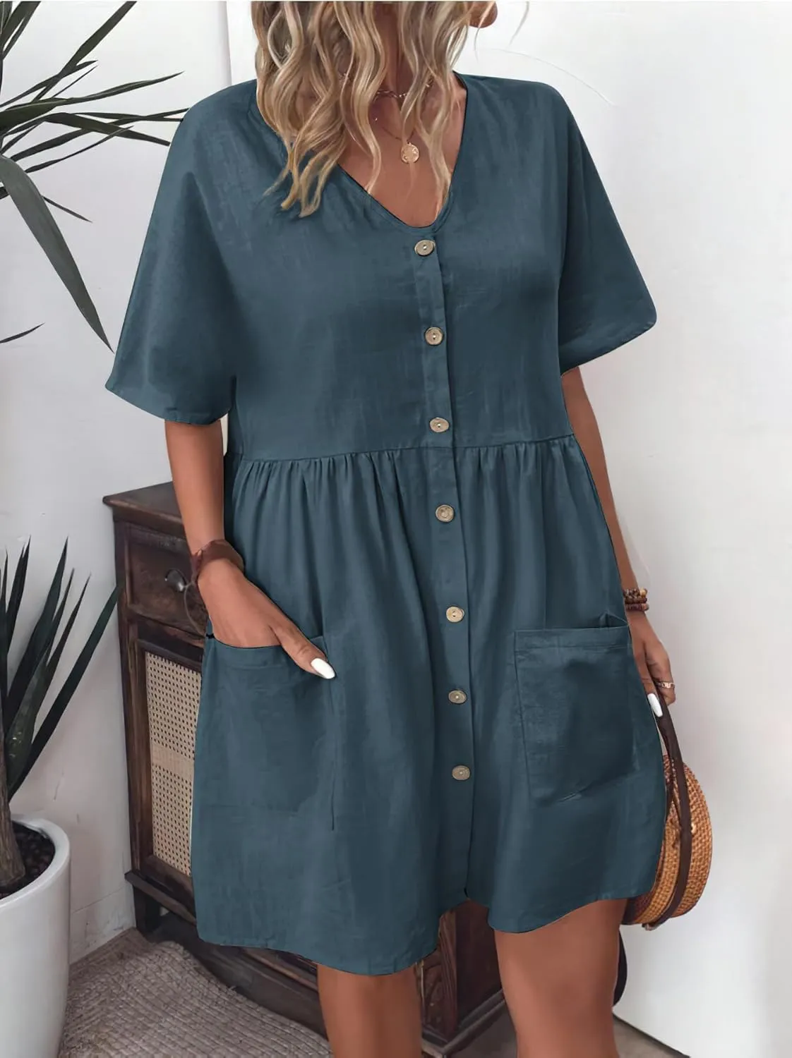 chouyatou Women's Summer Short Sleeve Button Down Cotton Dress Loose Beach Babydoll Tunic Mini Dress with Pockets