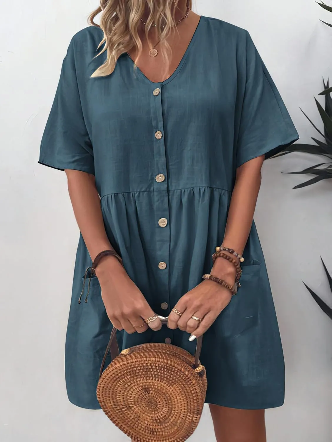 chouyatou Women's Summer Short Sleeve Button Down Cotton Dress Loose Beach Babydoll Tunic Mini Dress with Pockets