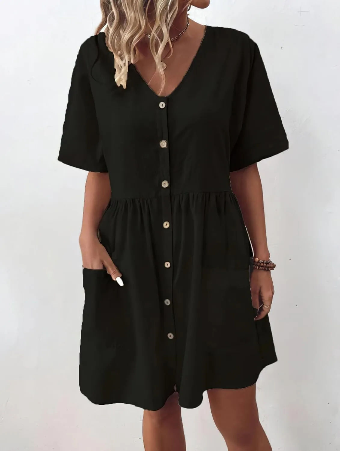 chouyatou Women's Summer Short Sleeve Button Down Cotton Dress Loose Beach Babydoll Tunic Mini Dress with Pockets