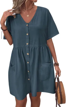 chouyatou Women's Summer Short Sleeve Button Down Cotton Dress Loose Beach Babydoll Tunic Mini Dress with Pockets