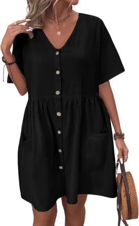 chouyatou Women's Summer Short Sleeve Button Down Cotton Dress Loose Beach Babydoll Tunic Mini Dress with Pockets