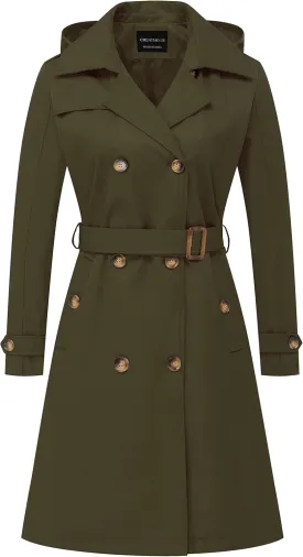 CREATMO US Women's Long Trench Coat Double-Breasted Classic Lapel Overcoat Belted Slim Outerwear Coat with Detachable Hood