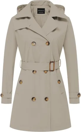 CREATMO US Women's Trench Coat Double-Breasted Classic Lapel Overcoat Belted Slim Outerwear Coat with Detachable Hood