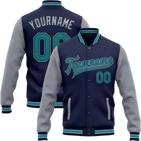 Custom Gray Navy-Teal Bomber Full-Snap Two Tone Jacket Customized Gifts With Name & Number