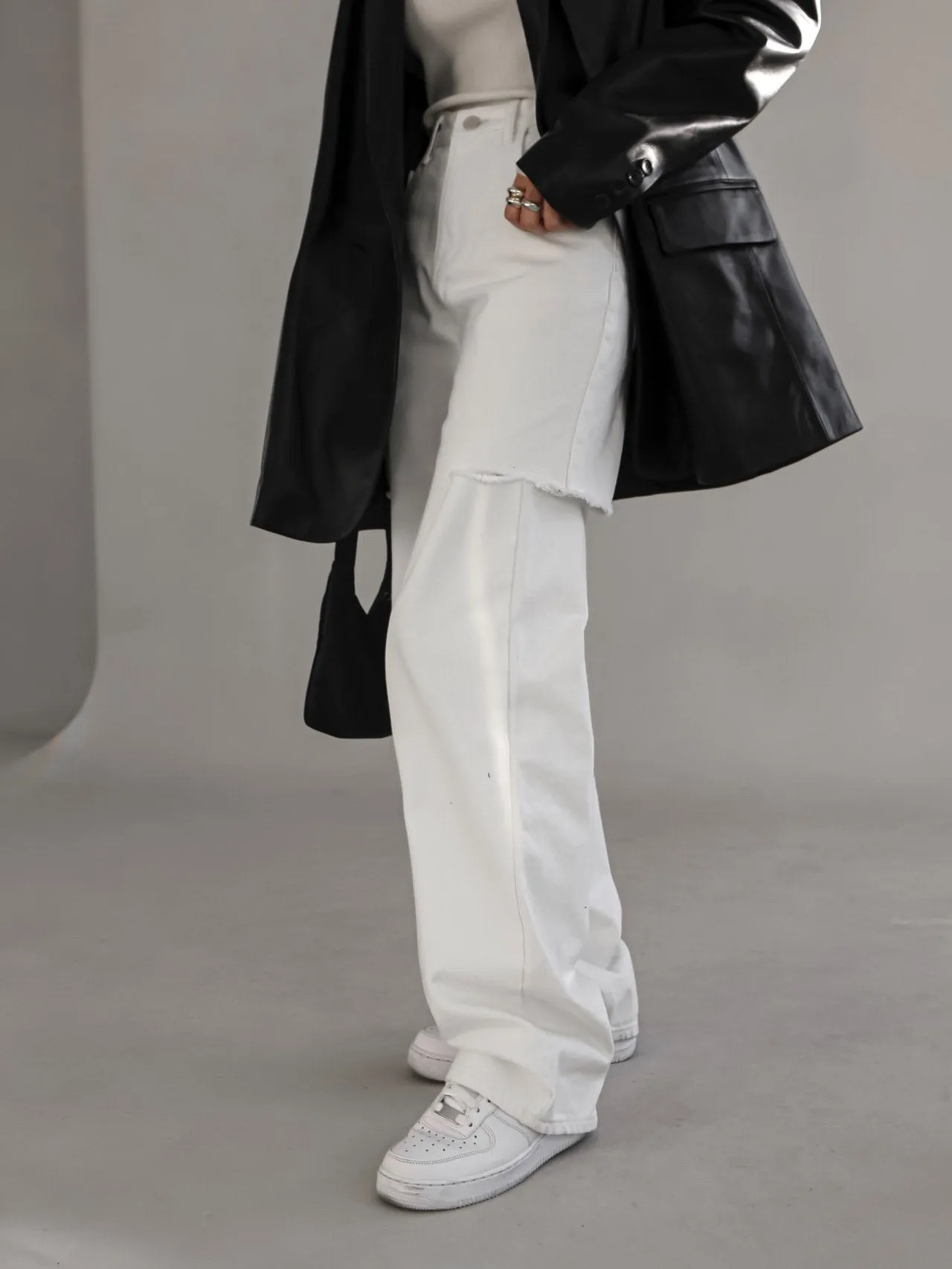 CUT OUT DETAIL WIDE LEG WHITE DENIM JEANS