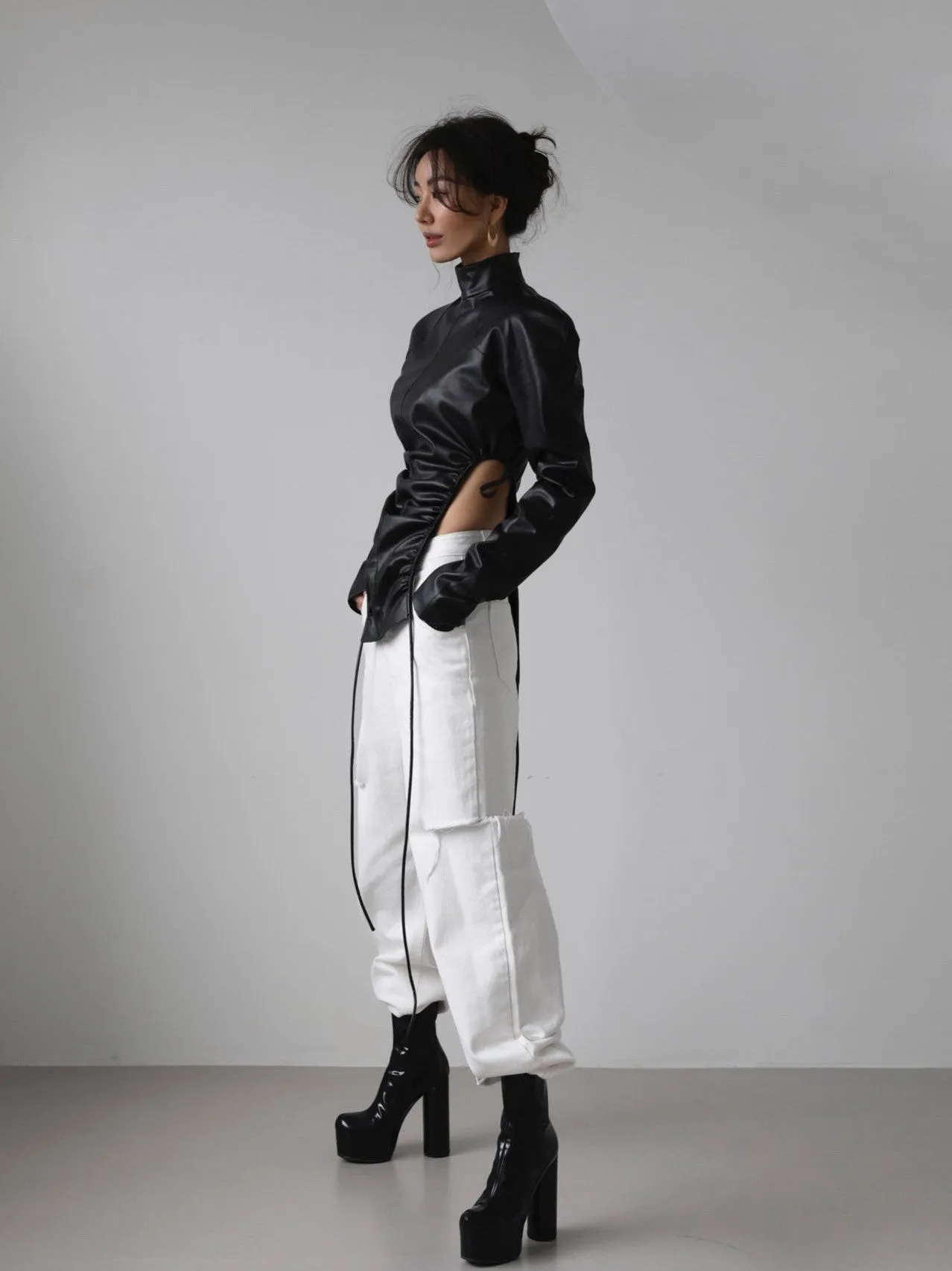 CUT OUT DETAIL WIDE LEG WHITE DENIM JEANS
