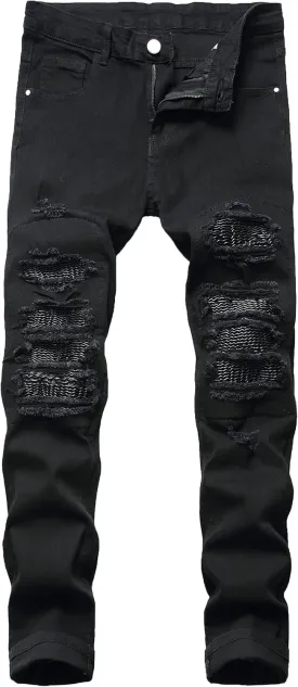 Denim Jeans for Men Slim Fit Ripped Stretch Skinny Distressed Stacked Straight Leg Moto Biker Pants